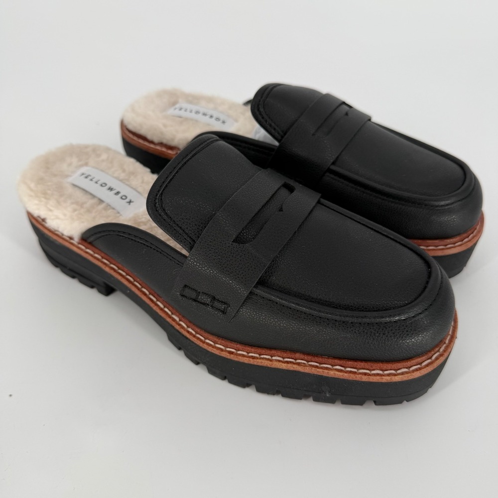 Yellow Box Shareen Black Vegan Leather Faux Fur Loafer Mules Platform 8.5 M